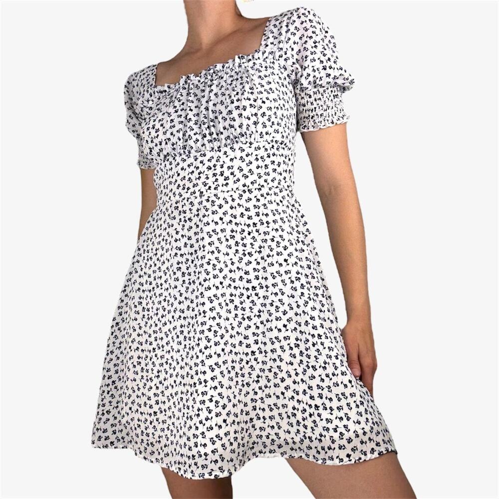 Milkmaid ruffle puff sleeve dress white with navy flowers from Mi Ami - XS